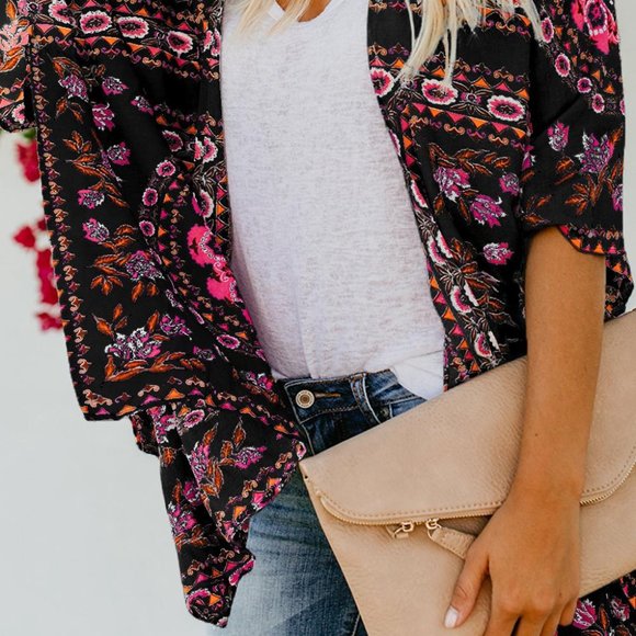 Black Floral Kimono Cover Up - Picture 3 of 5